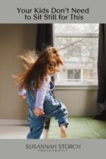 toddler moving around living room during in-home family photography session