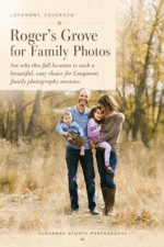 Pinterest pin promoting Roger’s Grove as a beautiful Longmont family photo spot for young families.