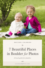 Pinterest pin for a Boulder photo location guide, featuring two young sisters sitting outdoors on a blanket with editorial text overlay.