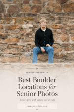 Pinterest pin about Boulder senior portrait locations, featuring a high school senior sitting on stone steps with editorial typography.
