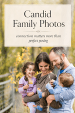 amily laughing together outdoors while their children hold sticks and leaves during a candid family photo session.