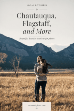 Pinterest pin featuring a couple in front of the Boulder Flatirons with text reading Chautauqua, Flagstaff, and More.