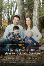 Family of four sit under trees while wearing complimentary outfits during a fall family photo session in Colorado