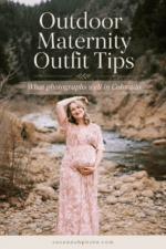 Pregnant woman in a floral maternity dress standing outdoors in a rocky Colorado landscape with text overlay about outdoor maternity outfit tips.