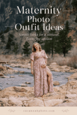 Pregnant woman in a flowing blush floral dress standing in a riverbed with text overlay about maternity photo outfit ideas.