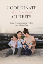 Family of four with newborn twins sitting on living room floor in coordinating outfits during in-home newborn session in Colorado