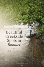 Pinterest graphic for creekside Boulder photo locations, featuring a couple standing near Boulder Creek beneath green trees.