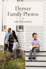Family standing by a white historic building and young boy sitting on steps during a Denver-area family photo session.