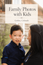 Mother holding her young son outdoors during a family photo session with kids in Golden, Colorado.