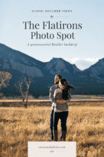 Pinterest pin about the Flatirons photo spot in Boulder, featuring a couple standing in a golden field with mountain views behind them.