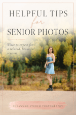 Pinterest pin featuring a senior girl in a blue dress standing outdoors with fall trees in the background and text about helpful tips for senior photos.
