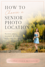 Pinterest pin featuring a high school senior girl in a blue dress standing outdoors in front of fall foliage with text about choosing a senior photo location.
