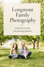 Family of four sitting together under leafy trees during a natural outdoor family photography session in Longmont.