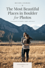 Editorial Pinterest graphic for a Boulder photo location guide, featuring a couple in front of the Flatirons with text about beautiful places in Boulder for photos.