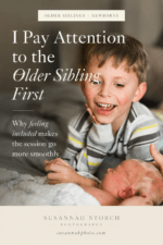 Older brother smiling near a newborn baby during an in-home lifestyle newborn session.