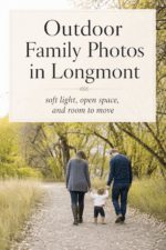 Parents walking hand in hand with their young child on a tree-lined path during an outdoor family photo session in Longmont, Colorado.