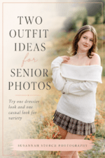Pinterest pin featuring a senior girl in an off the shoulder sweater and plaid skirt with text about two outfit ideas for senior photos.