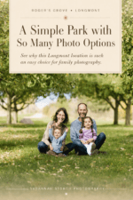 Pinterest pin describing Roger’s Grove as a flexible Longmont Colorado family photo location with trees, paths, and fall color.