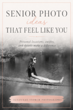 Pinterest pin featuring a black and white senior portrait of a girl sitting on a dock with text about senior photo ideas that feel personal.