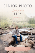 Pinterest pin featuring a high school senior boy sitting on rocks beside a river with text about senior photo session tips.