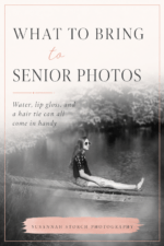 Pinterest pin featuring a black and white senior portrait of a girl sitting on a dock with text about what to bring to senior photos.