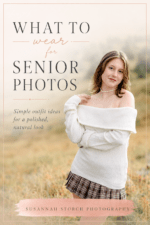 Pinterest pin featuring a senior girl in a white sweater and plaid skirt outdoors with text about what to wear for senior photos.