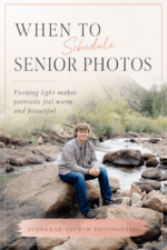 Pinterest pin featuring a high school senior boy sitting on rocks by a river with text about when to schedule senior photos.