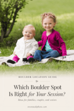 Pinterest pin for choosing a Boulder photo session location, featuring two sisters sitting outdoors with an ivory text panel.