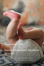 Pinterest pin for a blog post about what happens during an in-home newborn photography session in Loveland Colorado.