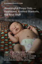 Image of a Colorado newborn baby lying on a homemade blanket with a text overlay that says: Meaningful Props Only — Heirlooms, Knitted Blankets, the Real Stuff