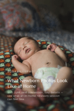 Pinterest pin for a blog post showing what in-home newborn photos look like during a relaxed Loveland Colorado newborn photography session.