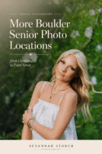 Pinterest pin for Boulder senior photo locations featuring a senior portrait with soft greenery and editorial text.