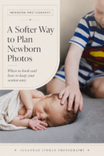 Pinterest pin for a Boulder newborn photography planning guide, featuring a newborn baby with a sibling and text about when to schedule newborn photos.