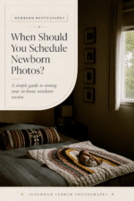 Pinterest pin for an in-home Boulder newborn photography blog post about when to schedule newborn photos, shown with a baby resting on a bed near window light.